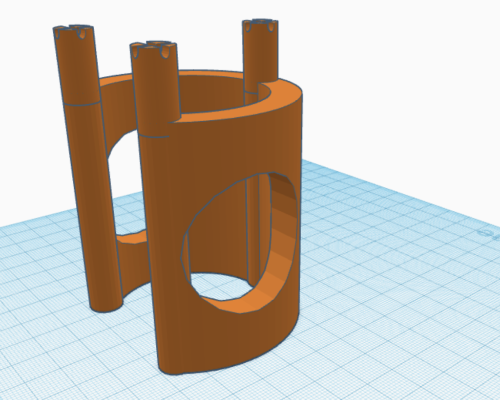 3D rendering of design 3.1 which is a semi cylinder with three pegs coming from the top